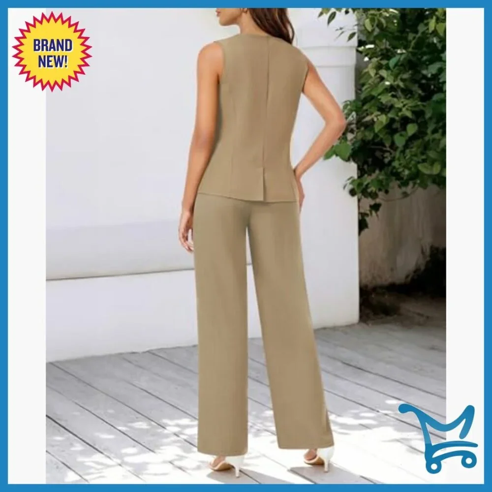 Sleeveless Vest and Wide Leg Pants Suit Set, Business Casual, Travel Blazer